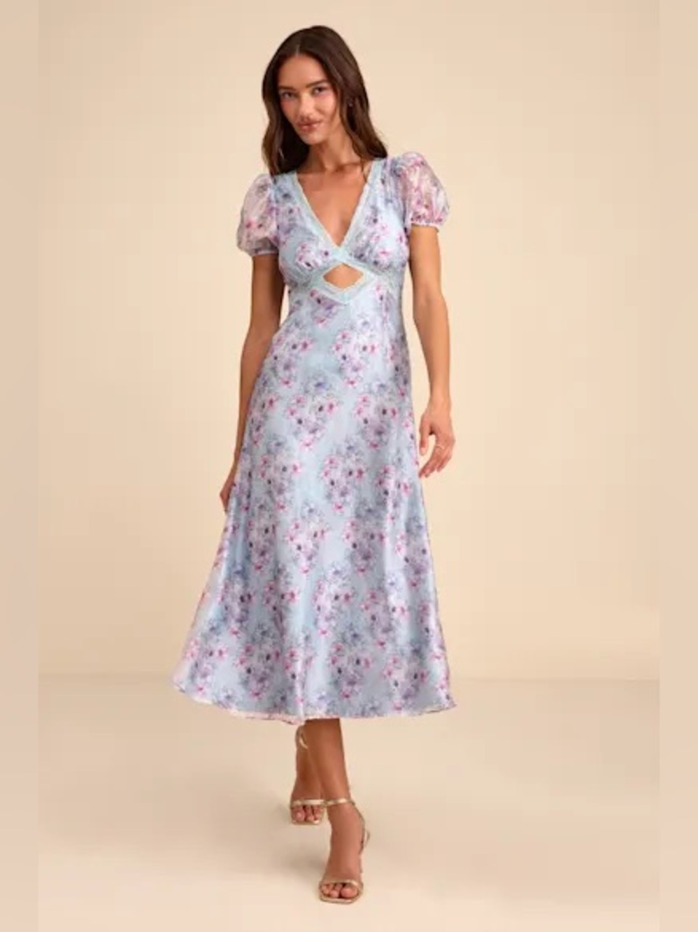 NWT Lulus Darcy Light Blue Floral Puff Sleeve Midi Dress